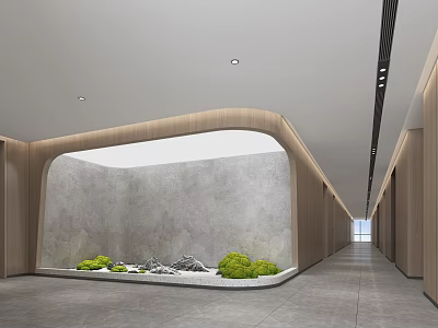 Modern Office Corridor With Curved Wooden Walls Gray Accent Wall Green Plants And White Stones 3d model
