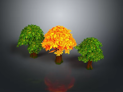 Three Arbor Trees With Orange Yellow Middle And Green Sides On Gray Background With Reflection 3d model