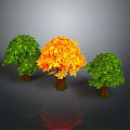 Three Arbor Trees With Orange Yellow Middle And Green Sides On Gray Background With Reflection
