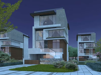 Modern Detached Villa With Glass Windows Landscaped Garden And Stone Pathway At Night 3d model