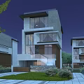 Modern Detached Villa With Glass Windows Landscaped Garden And Stone Pathway At Night