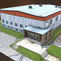 Modern Hospital Building With Flat Roof Parking Area Green Lawn And Vehicles