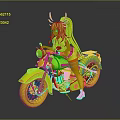 Horned Anime Girl With Orange Long Hair Riding Gray Motorcycle With Green Headlight