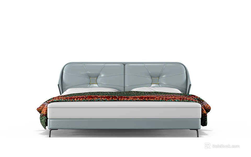 Modern Upholstered Double Bed With Gray Leather Headboard And Colorful Patterned Blanket 3d model