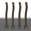 Four Curved Wooden Columns With Gray Stone Bases And Natural Rustic Texture
