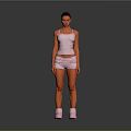 A Woman Standing in White Tank Top Shorts and White Boots Against Gray Background