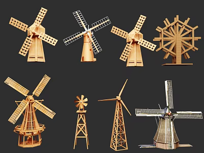 Various Wooden Windmill Models With Different Design Styles And Craft Details 3d model