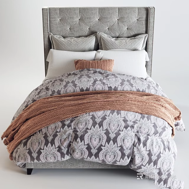 Bedroom Bedding Set With Gray Upholstered Headboard Pillows Brown Cushion Patterned Comforter And Knit Blanket 3d model 