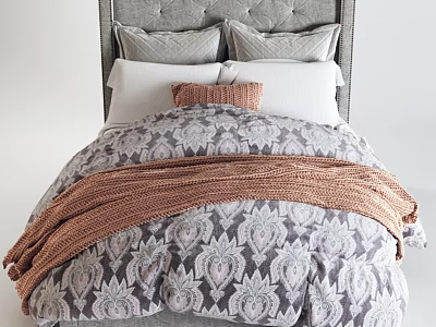 Bedroom Bedding Set With Gray Upholstered Headboard Pillows Brown Cushion Patterned Comforter And Knit Blanket 3d model