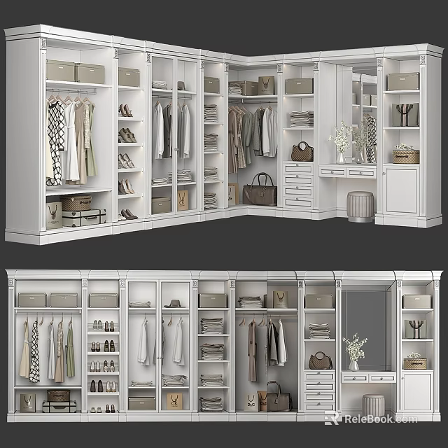 Modern Wardrobe Design With Hanging Clothes Storage Shelves Drawers Mirror And Decorative Items 3d model 