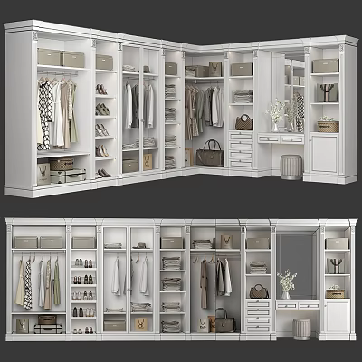 Modern Wardrobe Design With Hanging Clothes Storage Shelves Drawers Mirror And Decorative Items 3d model