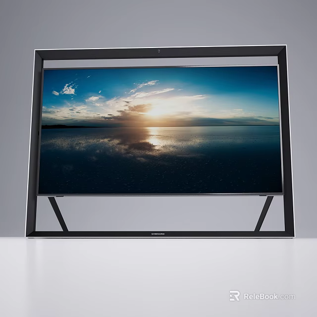 Modern Television With Black Frame Stand Showing Sunset Seaview Cloudy Sky And Sunlight Reflection 3d model 