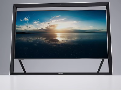 Modern Television With Black Frame Stand Showing Sunset Seaview Cloudy Sky And Sunlight Reflection 3d model