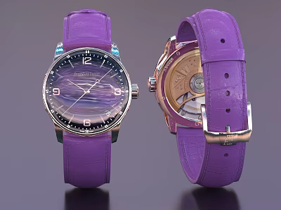 Elegant Luxury Wristwatch with Purple Leather Strap Front Dial and Exposed Mechanical Movement 3d model