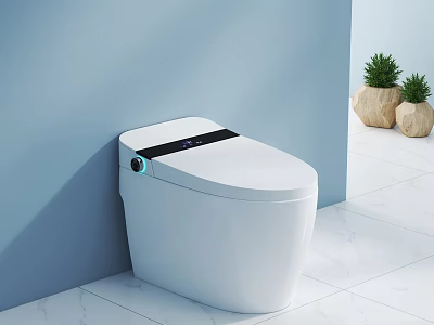 Smart White Toilet with Digital Control Panel Blue Wall White Marble Floor and Potted Plants 3d model