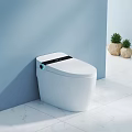 Smart White Toilet with Digital Control Panel Blue Wall White Marble Floor and Potted Plants