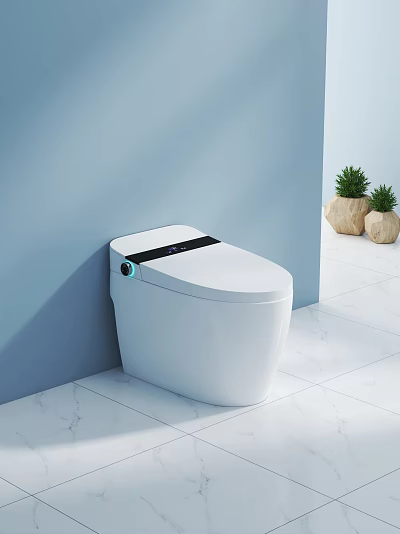 Smart White Toilet with Digital Control Panel Blue Wall White Marble Floor and Potted Plants 3d model