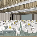 Spacious Banquet Hall With White Tablecloths Yellow Floral Centerpieces Wooden Ceiling And Wavy Pattern Carpet