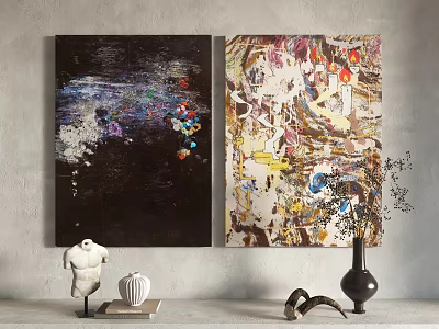 Abstract Paintings On Wall With Sculpture Vase And Decorative Artworks 3d model