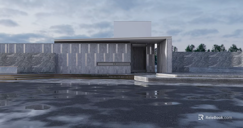 Modern Sales Office Building With Stone Facade Minimalist Entrance And Water Reflection 3d model 