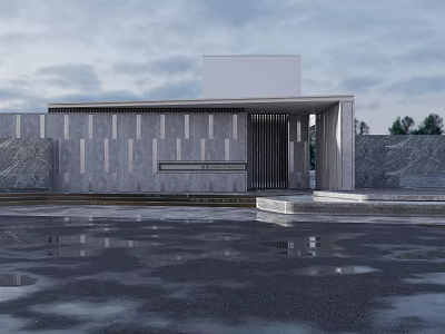 Modern Sales Office Building With Stone Facade Minimalist Entrance And Water Reflection 3d model