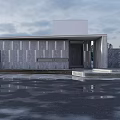 Modern Sales Office Building With Stone Facade Minimalist Entrance And Water Reflection
