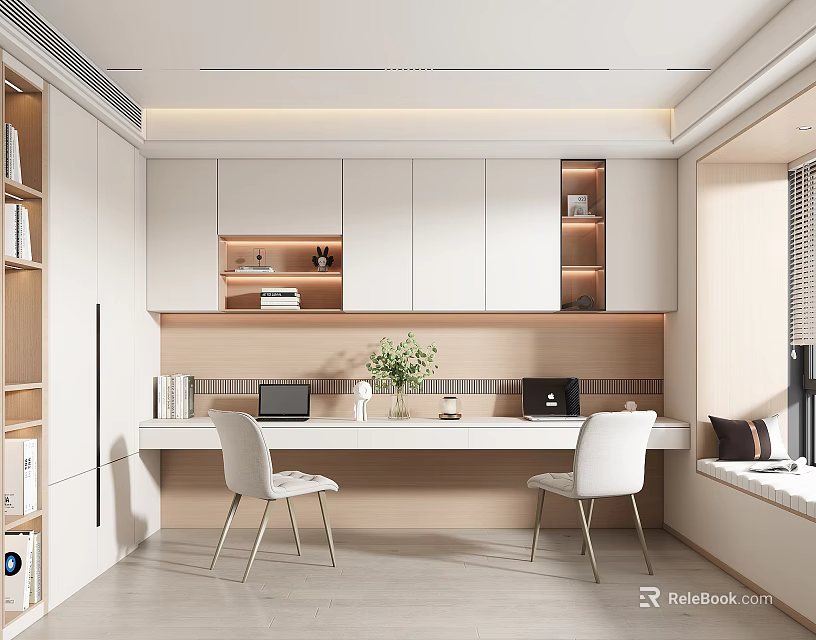 Modern Study Room Interior With Wooden Desk White Chairs Green Plant Bookshelves And Window 3d model 