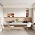 Modern Study Room Interior With Wooden Desk White Chairs Green Plant Bookshelves And Window