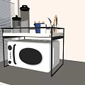 Kitchen Countertop Microwave With Upper Shelf Holding Containers Mug And Utensils
