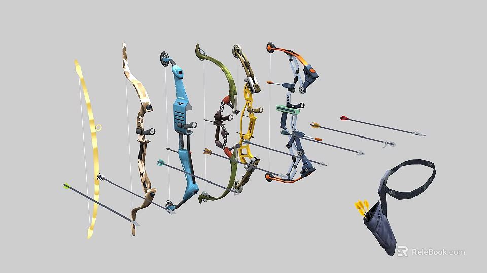 Multiple Types of Archery Weapons Featuring Compound Recurve Bows Arrows and Quiver 3d model 