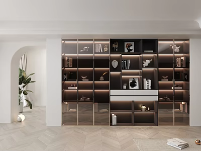 Modern Decorative Cabinet With Glass Doors And Layered Design For Interior Decorations And Books 3d model
