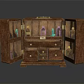 Vintage Wooden Cabinet With Open Doors Drawers And Glass Bottles Inside