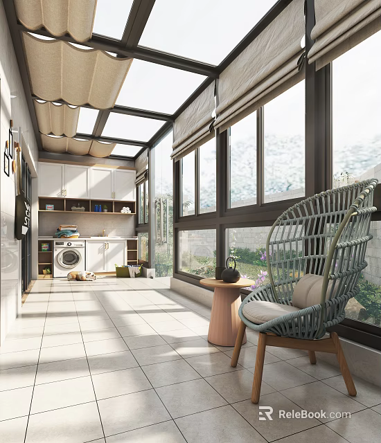 Cozy Home Balcony With Rattan Chair Small Table Washing Machine Cabinets And Glass Windows 3d model 