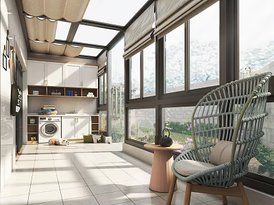 Cozy Home Balcony With Rattan Chair Small Table Washing Machine Cabinets And Glass Windows 3d model