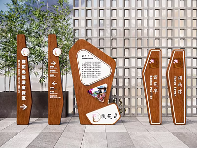Wooden Traffic Signposts With Various Shapes Directional Arrows Text Images And Green Plants 3d model