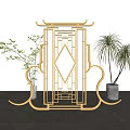 Chinese Style Geometric Pattern Yellow Screen With Potted Plants And Interior Decor 3d model