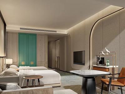 Hotel Guest Room Interior With Double Bed Green Door TV Marble Table And Orange Chair 3d model