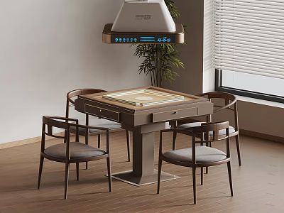 Modern Mahjong Table Setup With Four Chairs Ceiling Lamp And Potted Plant 3d model