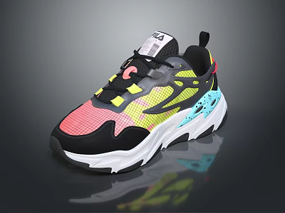 Colorful Chunky Sneakers With Pink Yellow Blue Mesh Upper And Thick White Sole 3d model