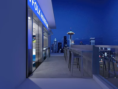 Rooftop Bar With Polaris Sign And Bar Stools Overlooking Night City Skyline 3d model