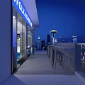 Rooftop Bar With Polaris Sign And Bar Stools Overlooking Night City Skyline