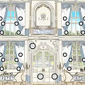 Elegant Hotel Public Lounge Area With Ornate Decor Blue White Sofas And Decorative Paintings