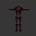 Mechanical Robot Character With Armored Exoskeleton Glowing Red Eyes And Outstretched Arms On Gray Background