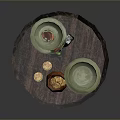 Decorative Round Tray With Green Goblets Brown Bag Gold Coins And Coin Rolls