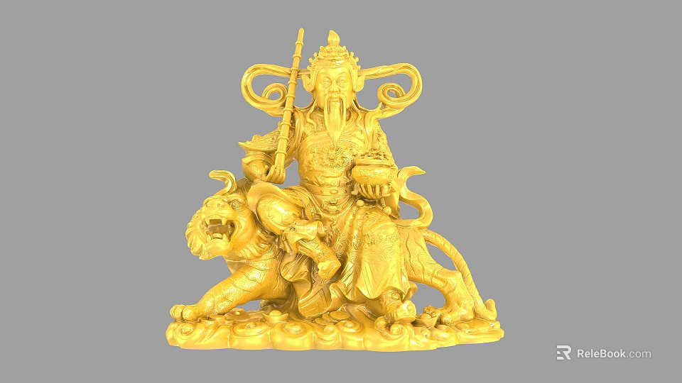 Golden Traditional Figure Sculpture Carving Riding Tiger With Staff And Intricate Details 3d model 