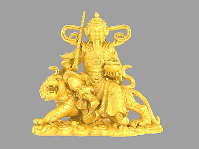 Golden Traditional Figure Sculpture Carving Riding Tiger With Staff And Intricate Details 3d model