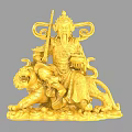 Golden Traditional Figure Sculpture Carving Riding Tiger With Staff And Intricate Details
