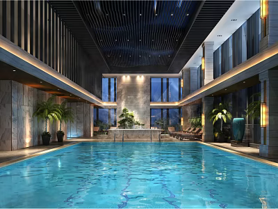 Modern Indoor Swimming Pool Interior With Spacious Design Large Windows And Green Plants 3d model