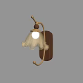 Vintage Wall Lamp With Wooden Base And Golden Metal Bracket White Petal Shaped Frosted Lampshade
