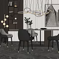 Modern Dining Table Set With Black Chairs Circular Pendant Lights And Marble Floor 3d model